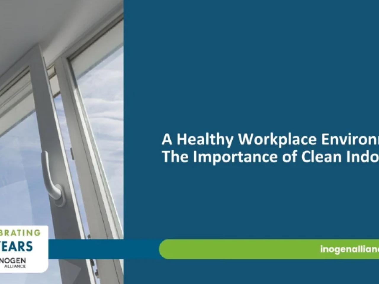 Banner with photo of an open window and blog title text "A Healthy Workplace Environment: The Importance of Clean Indoor Air"