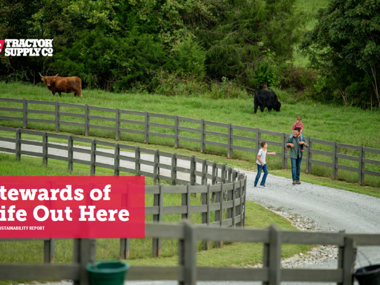 Parent walking with two kids down a road on a farm. Reads " Stewards of Life Out Here. 2021 Sustainability Report"