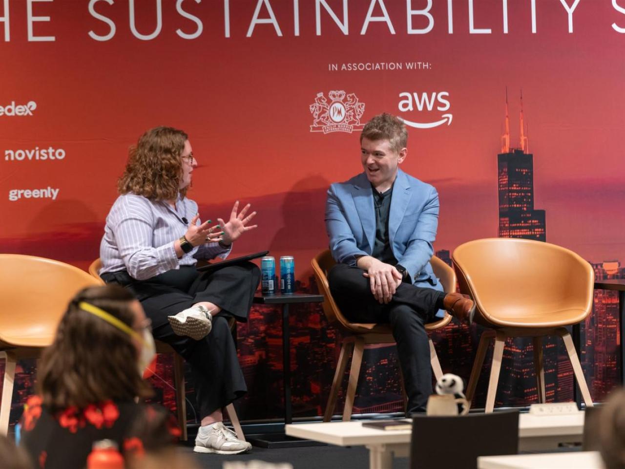 Two speakers in conversation on stage at the Sustainability LIVE Chicago 2025 event.