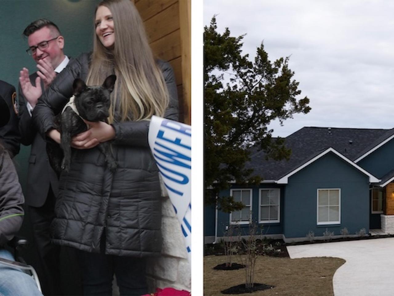 U.S. Army Specialist (SPC) Maggie Bilyeu shown in her new home and with The Home Depot Foundation volunteers.