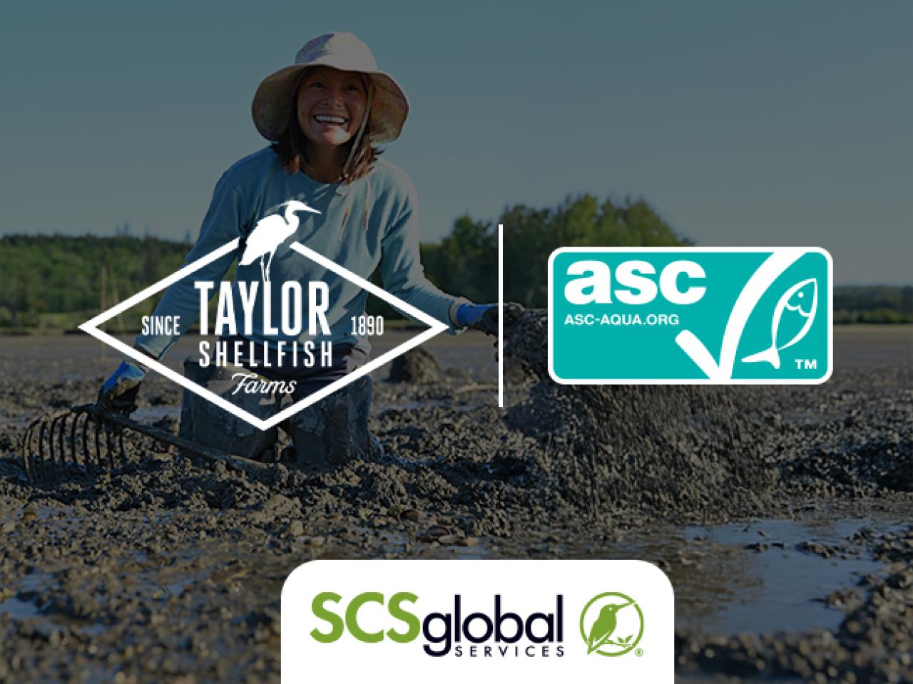 Aquaculture farm in background with SCS, ASC, and Taylor Farms logos