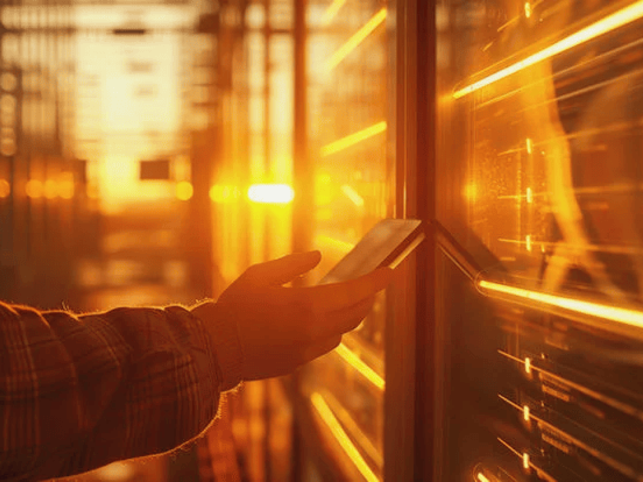 Hand holding a smartphone in a server room.