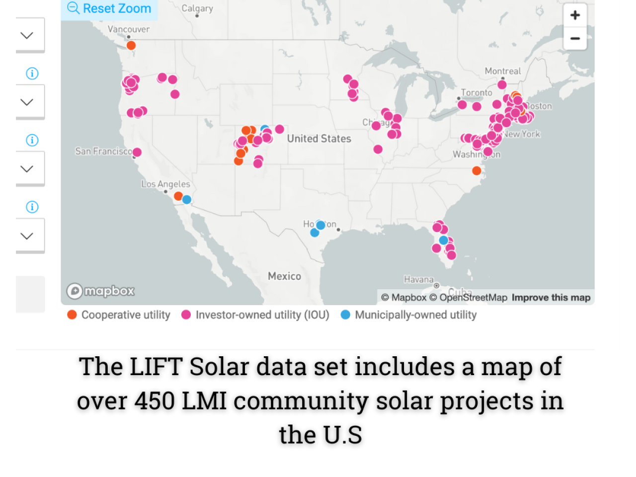 The LIFT Solar data set includes a map of over 450 LMI community solar projects in the U.S