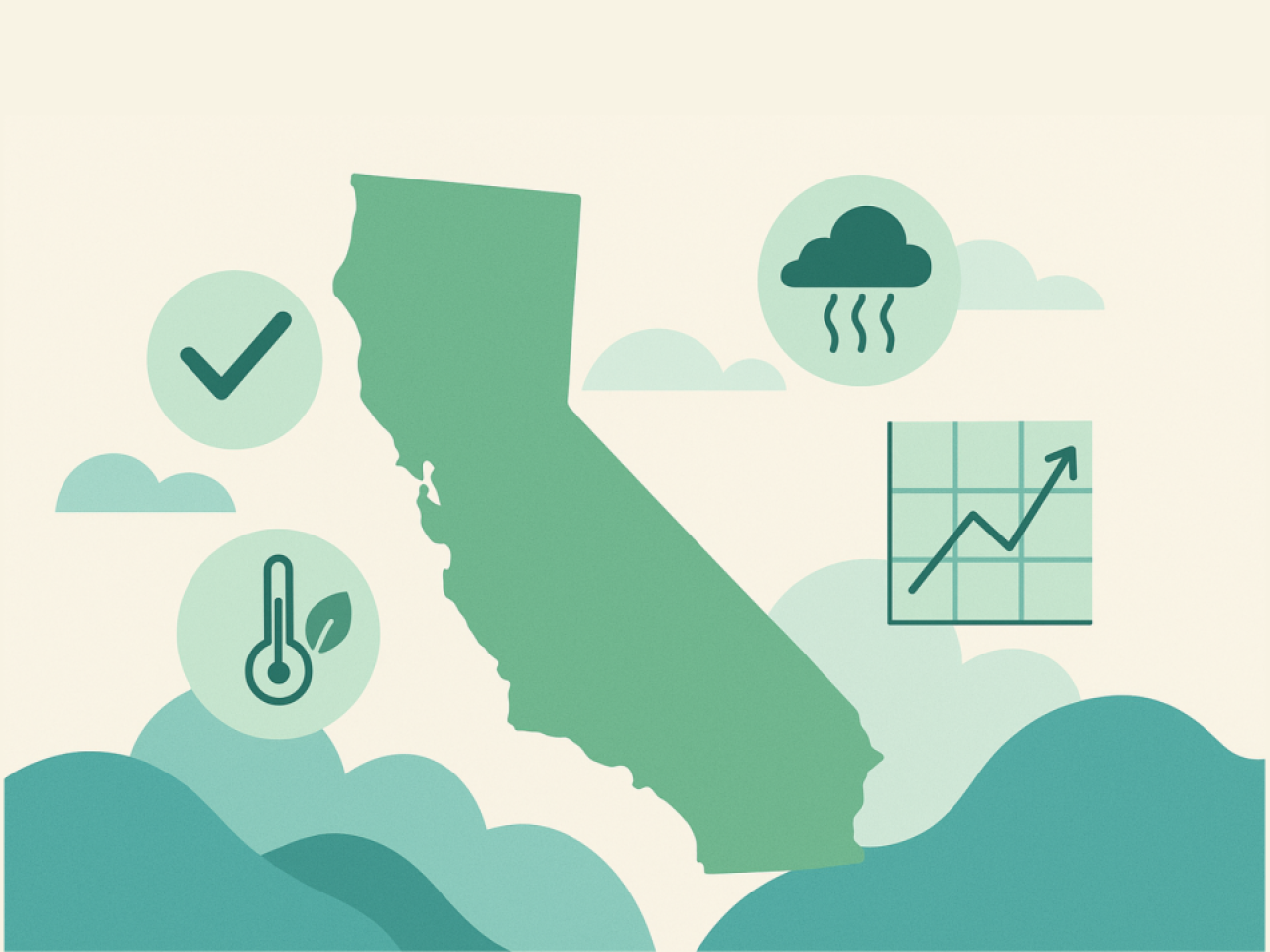 Flat-style illustration of California with ESG compliance and climate-risk icons, representing the impact of SB 261 and SB 253 climate regulations.