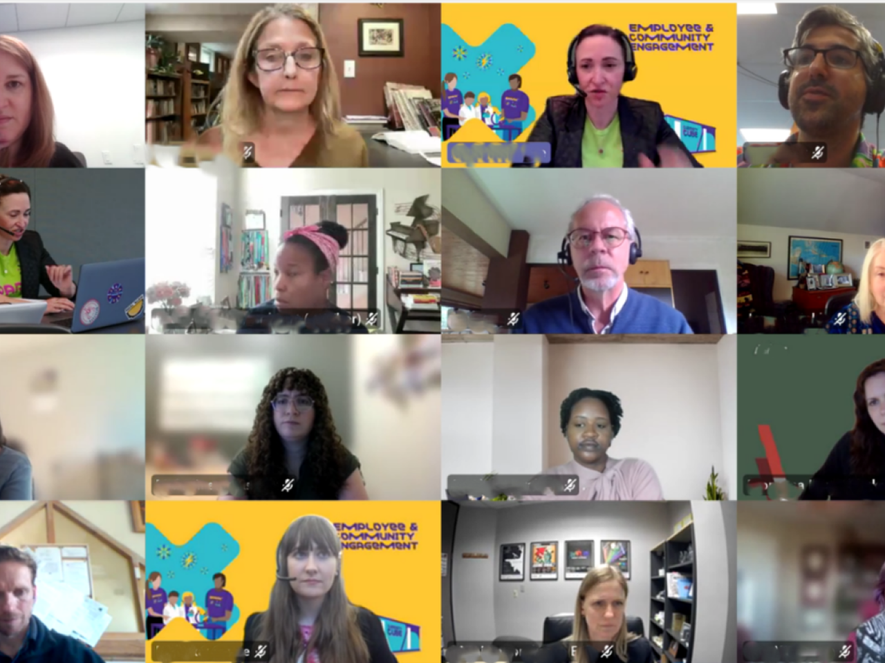 A 16-grid virtual meeting shows attendees in individual video tiles. 