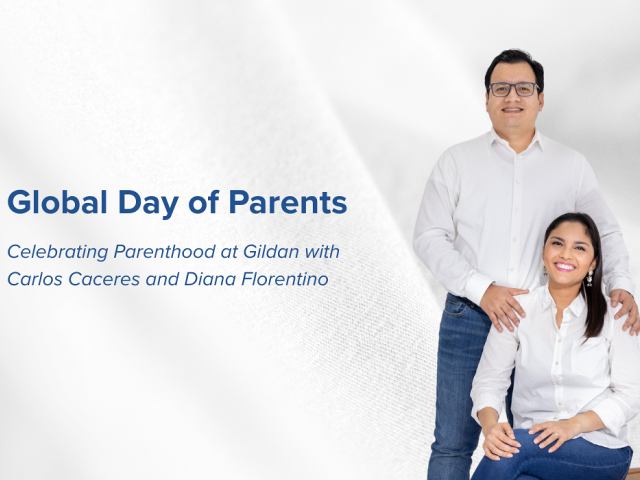 Two parents at Gildan featured against a white fabric backdrop.