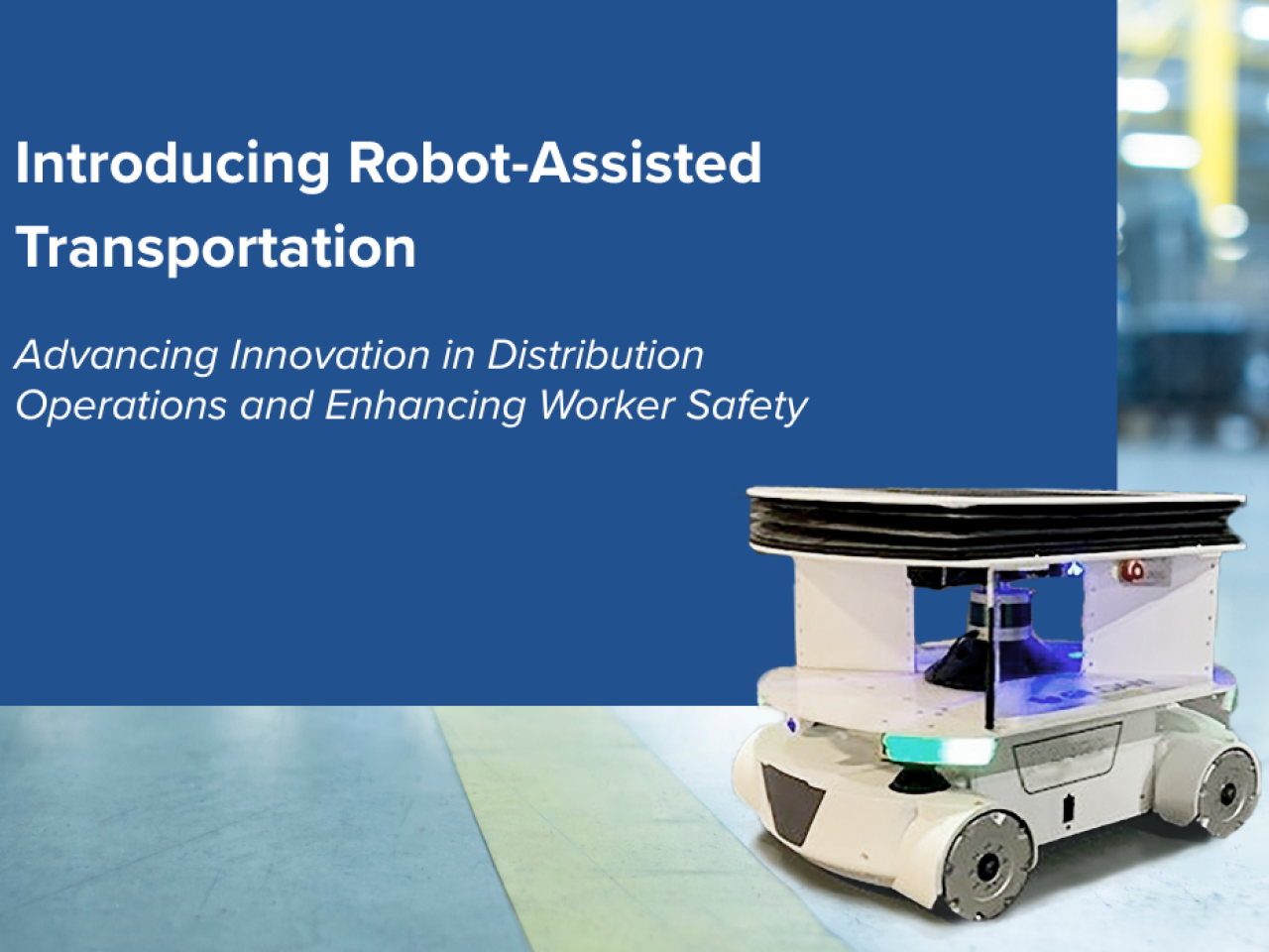 Gildan's transportation robot featured against a factory floor and solid blue backdrop.