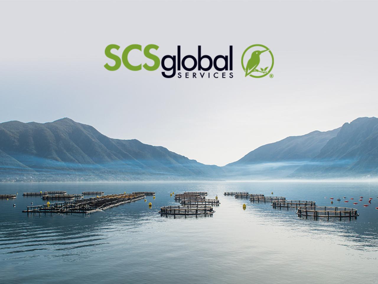 Aquaculture pens with SCS Global Services logo
