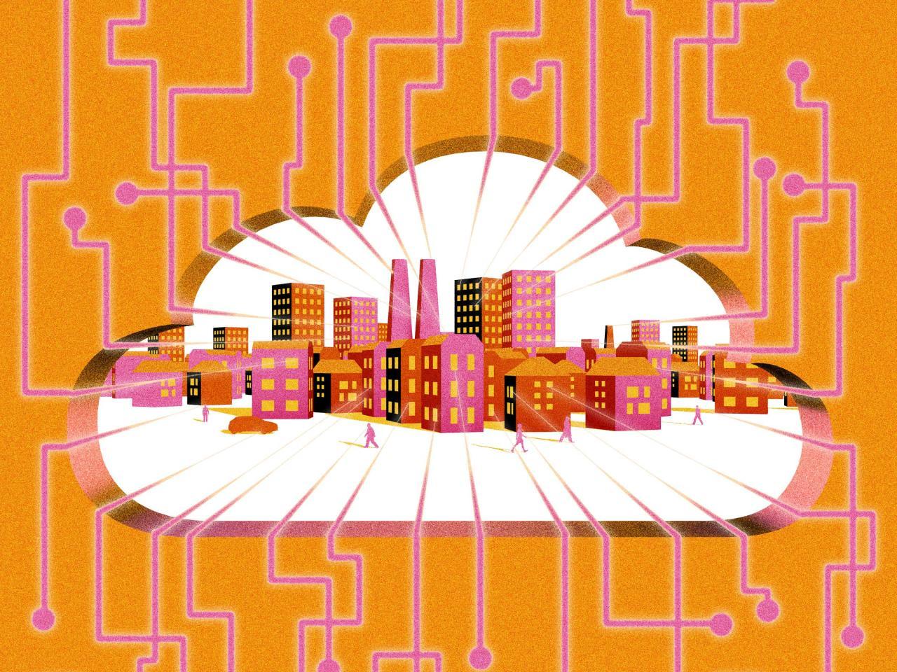pink circuit board wiring connecting to a pink and orange city in a cloud