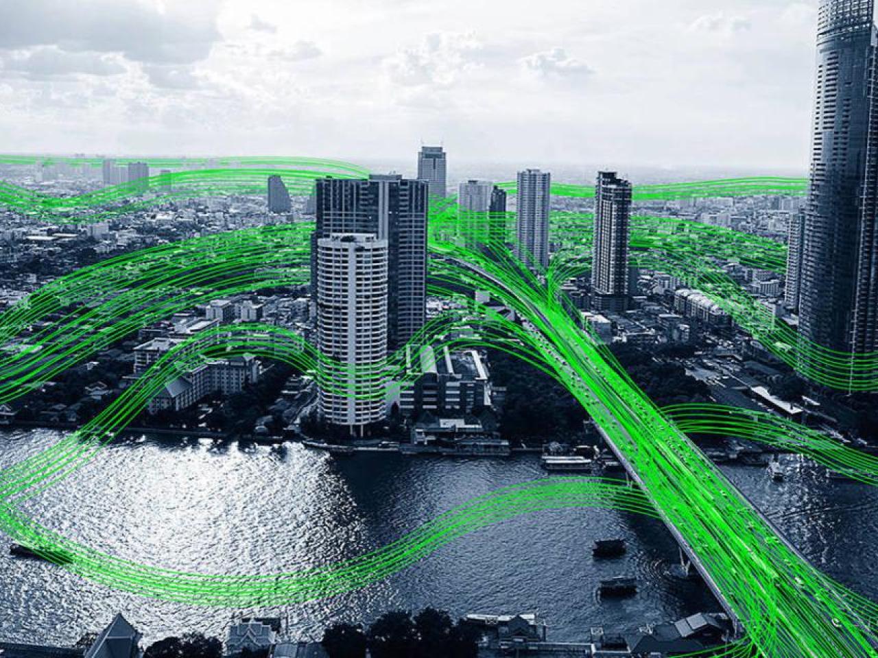 City shown with green waves going through out