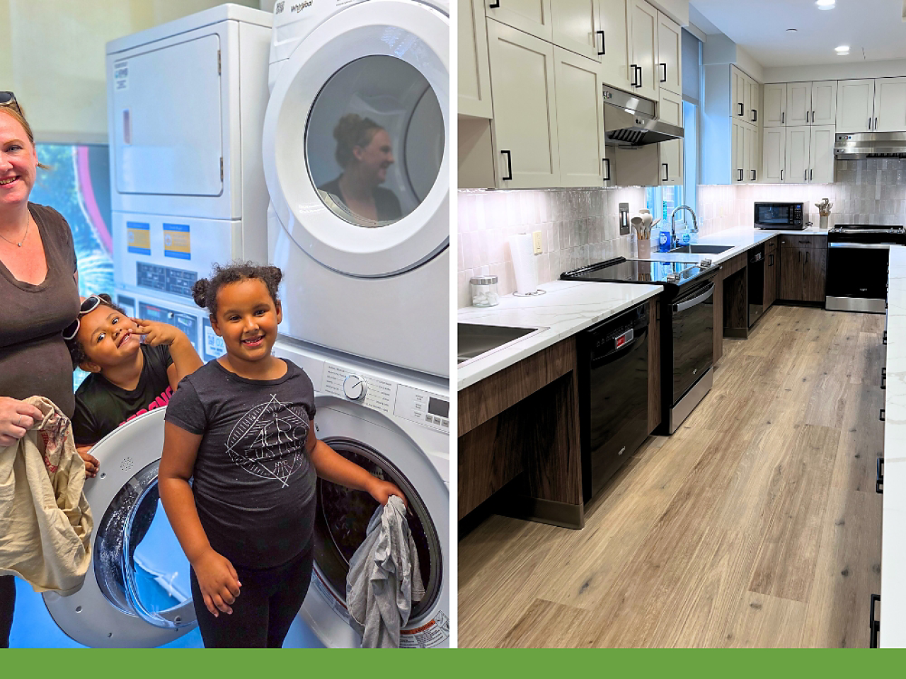 Collage of people using a washing machine, and a kitchen