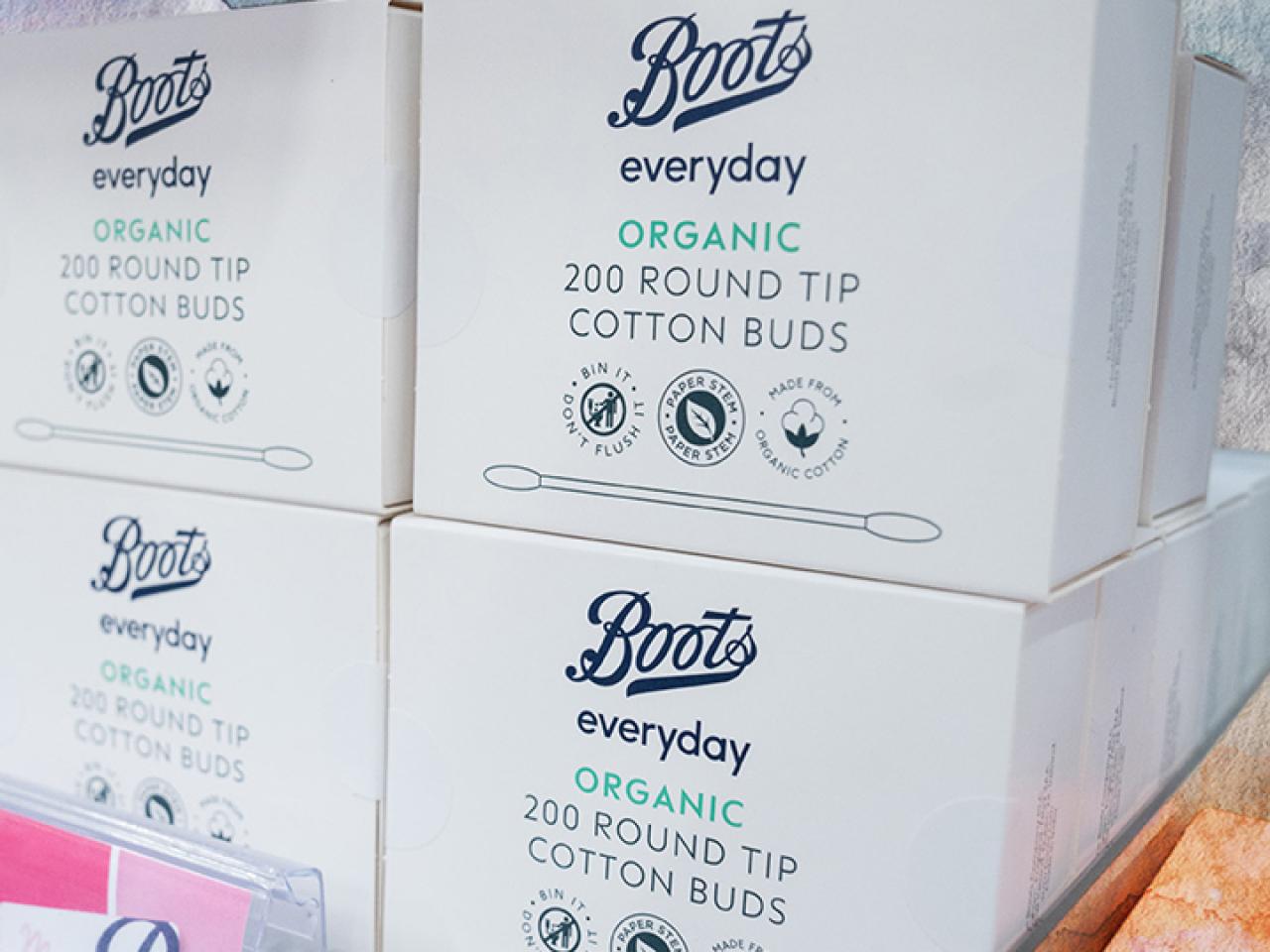 Stacked boxes "Boots everyday Organic 200 round tip cotton buds" on the side.