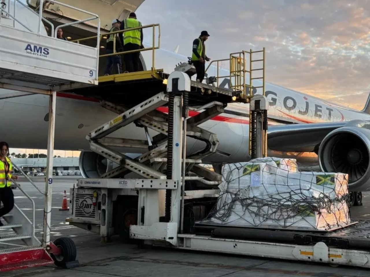 Sixteen tons of medical aid from Direct Relief are loaded onto a 757 charter in Miami bound for Kingston, Jamaica, on Nov. 8, 2025. The shipments contain essential medicines and supplies requested by Jamaica's Ministry of Health and Wellness after Hurricane Melissa. (Photos by Patrick Jackson)