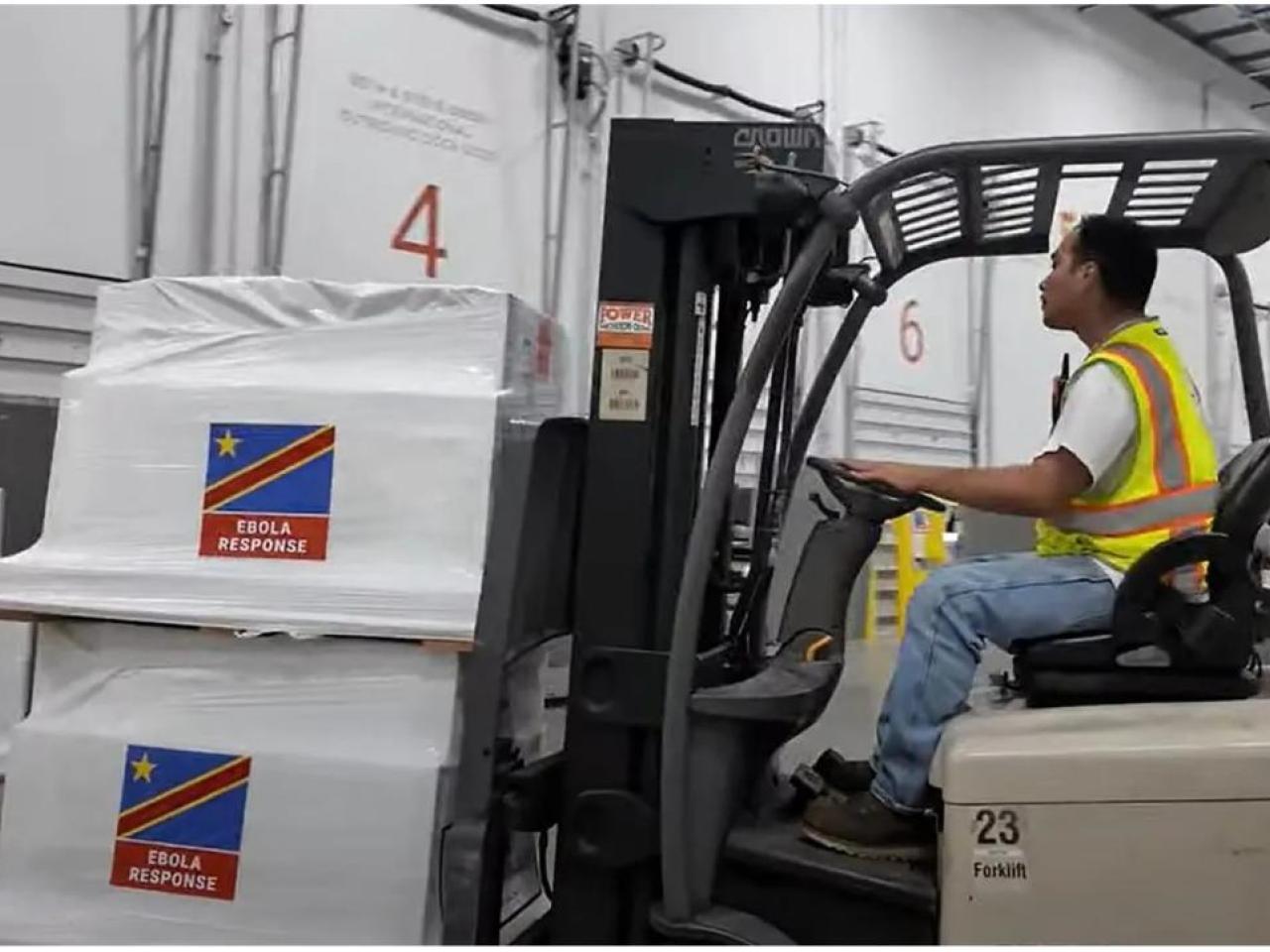 A shipment containing essential medical aid and personal protective equipment for health workers is staged at Direct Relief's headquarters before departing for the Democratic Republic of Congo to support Ebola response. (Tori Gordon/Direct Relief)