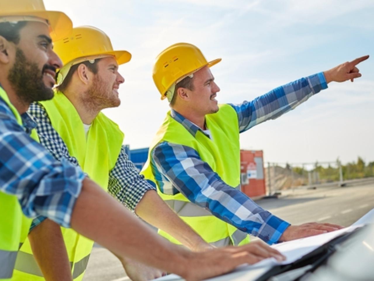Workers wearing hard hats pointing into the distance