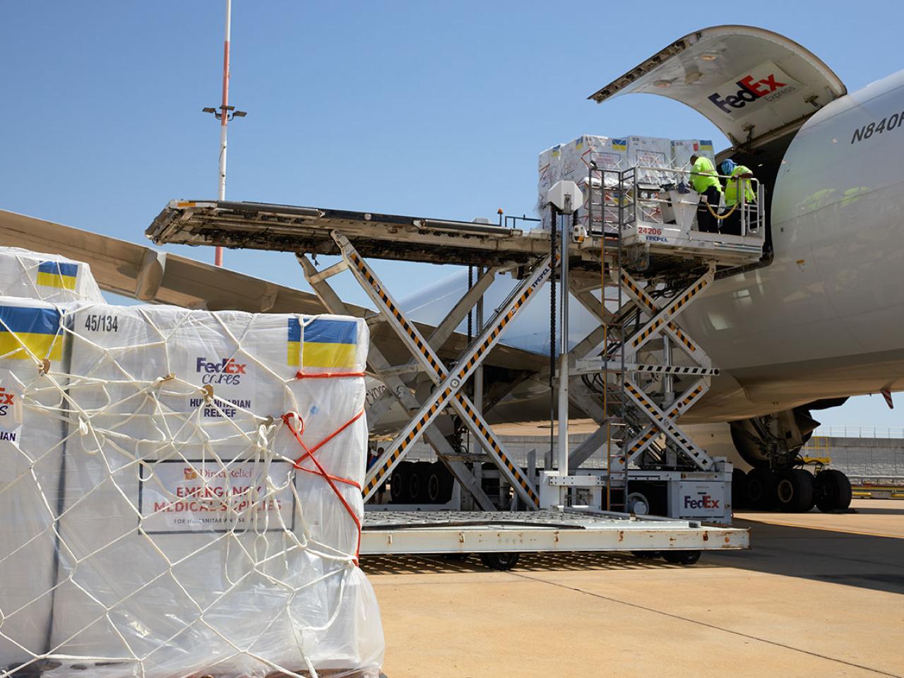 Direct Relief has surpassed $2 billion in medical aid provided to Ukraine since 2022. Here, 52 tons of medical aid arrives in Warsaw, Poland, on June 26, 2022, for last-mile distribution to health facilities in Ukraine. FedEx donated the charter transportation, free of charge. (FedEx photo)