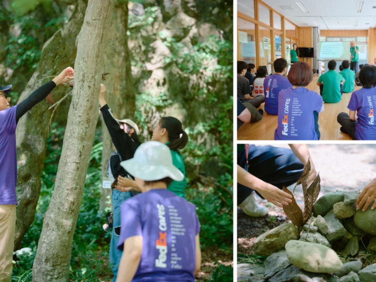 Collage of FedEx team members and children doing activities