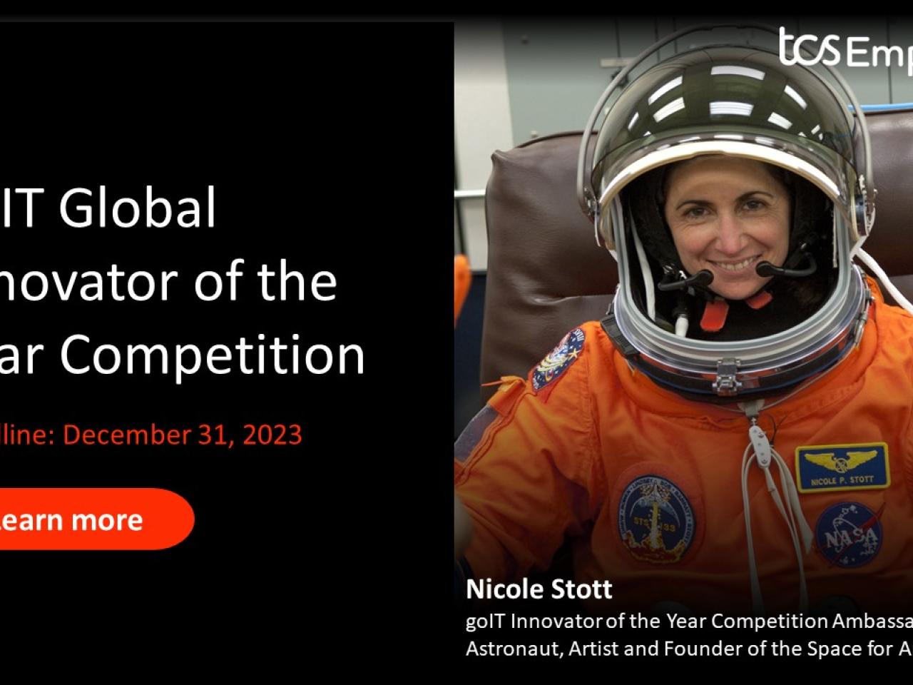 Nicole Stott, golT Innovator of the Year Competition Ambassador Astronaut, Artist and Founder of the Space for Art Foundation next to the words,"golT Global Innovator of the Year Competition Deadline: December 31, 2023." 