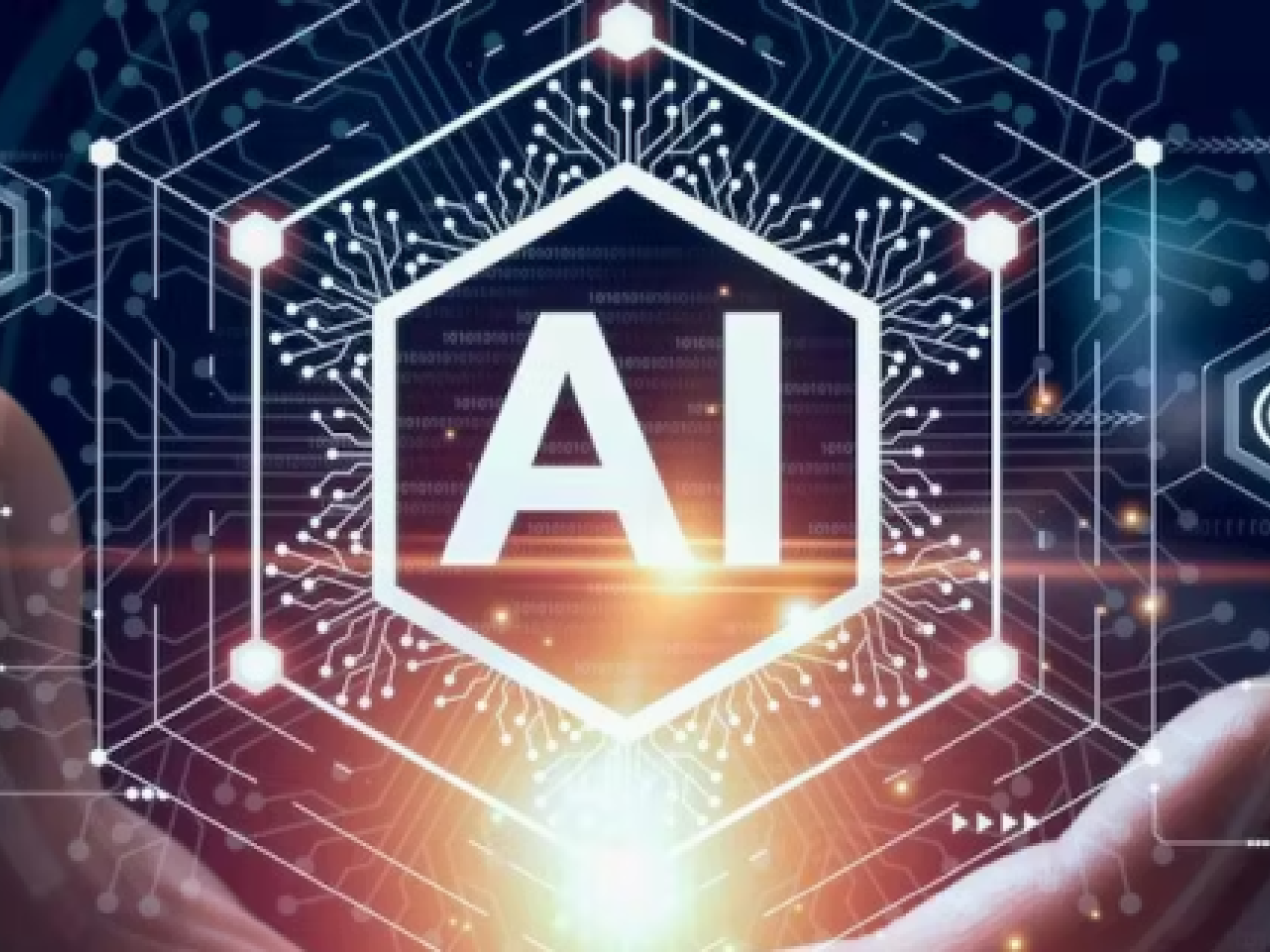 Hands holding an AI symbol graphic