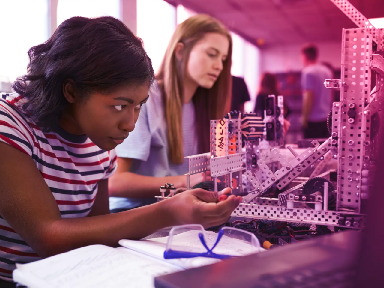 Students working on a machine