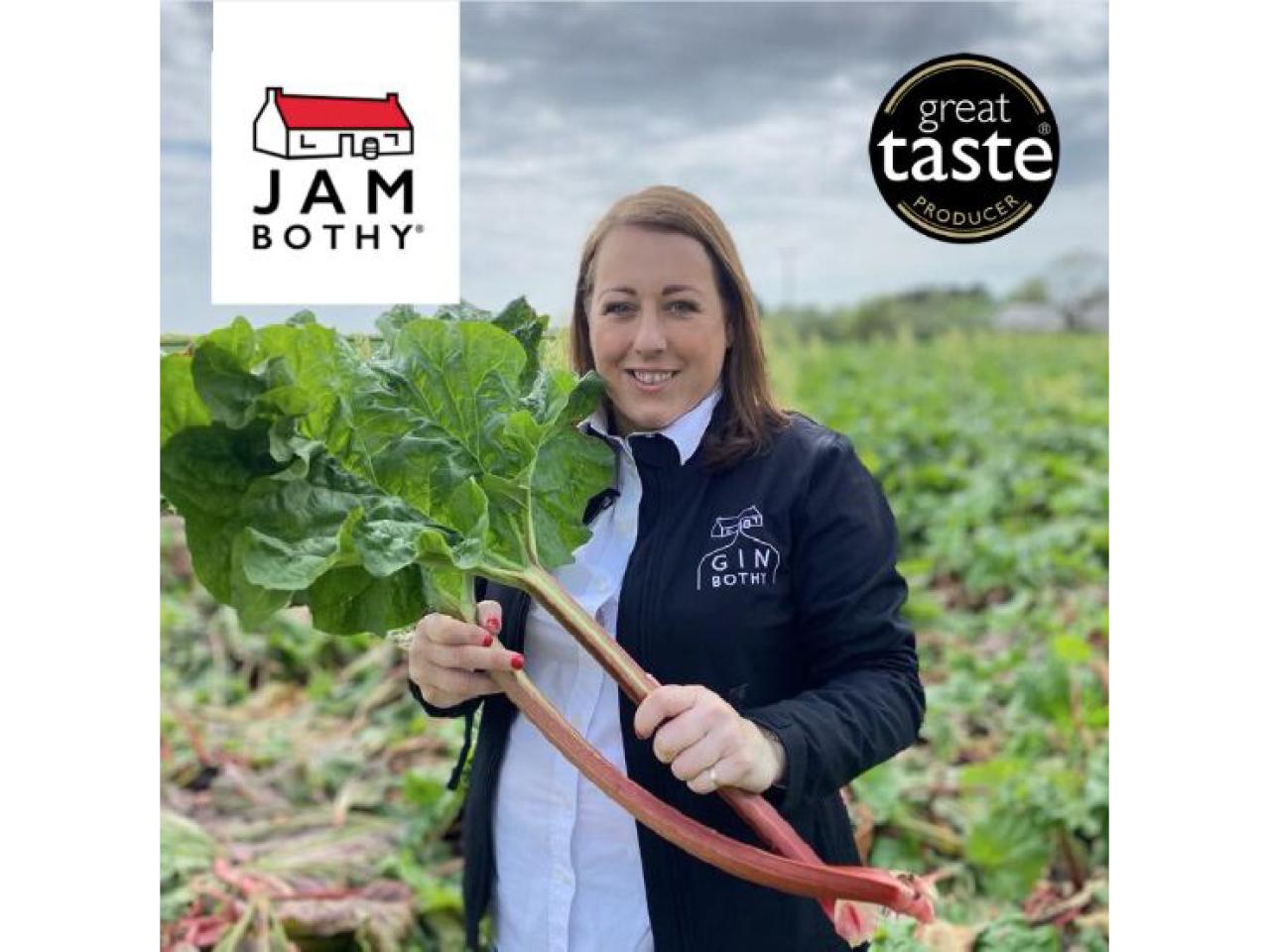 Woman holding rhubarb stalks next to the Jam Bothy logo 