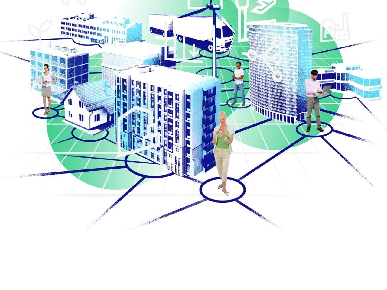 abstract city with four people each connected to a mobile device