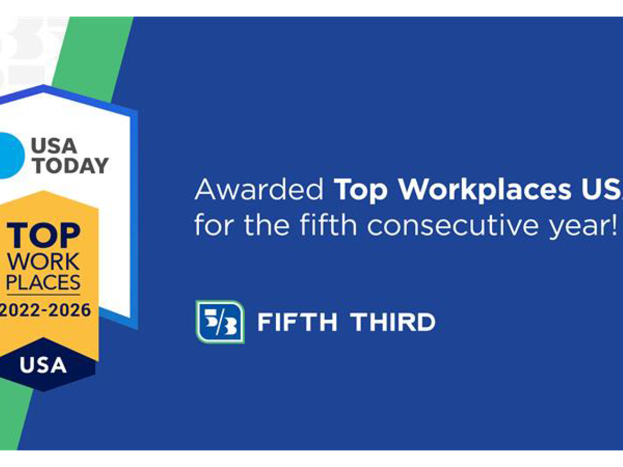 USA TODAY TOP WORKPLACES 2022-2026 USA logo: "Awarded Top Workplaces USA for the fifth consecutive year!" Fifth Third
