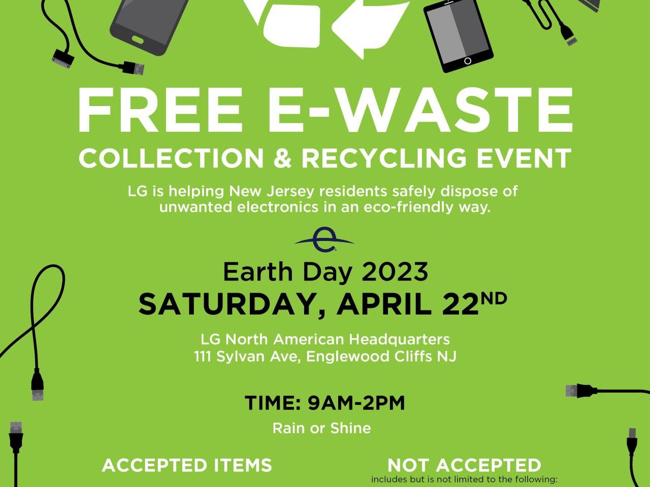 Info graphic "Free e-waste collection and recycling event" Earth Day 9am-2pm and a list of accepted and not accepted items.