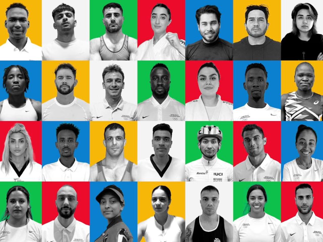 collage of black-and-white photos of olympic athletes on green, red, blue, yellow, and white backgrounds