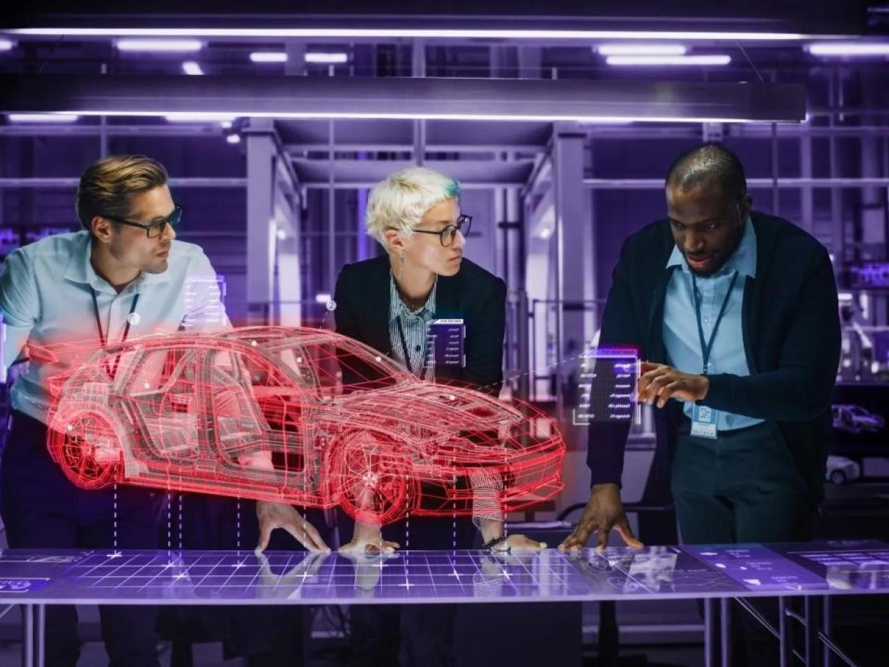 people looking at a drawing of a car