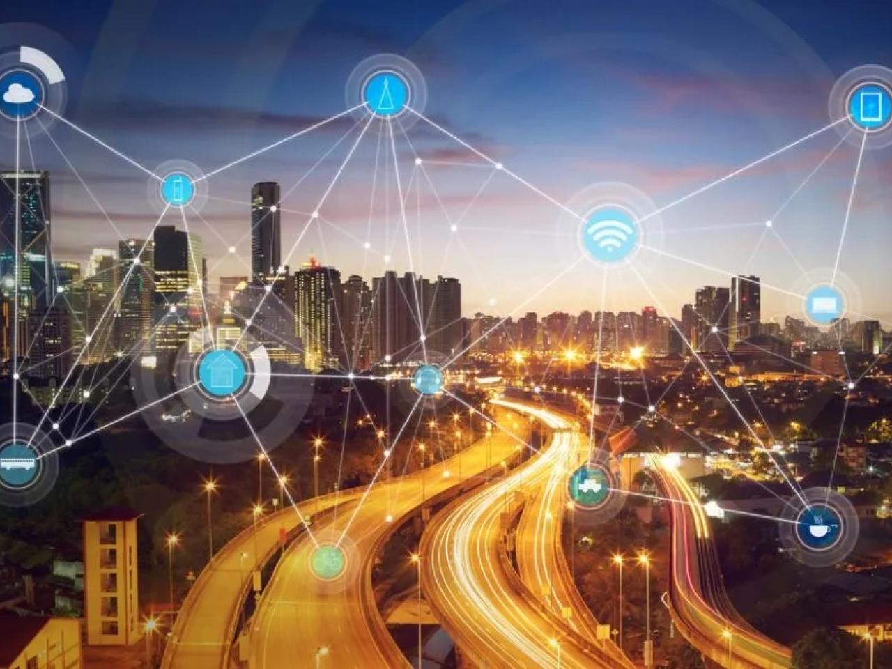 highways and cityscape with data points drawn on