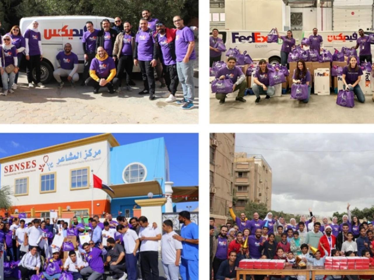 Collage of four pictures of different groups of volunteers posed in outdoor locations.