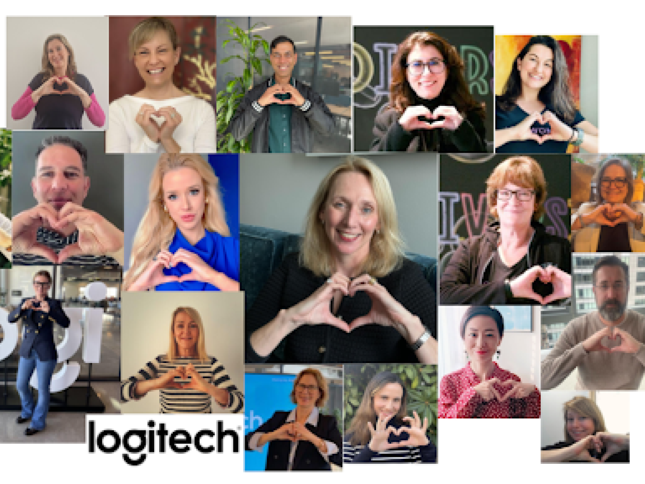 Collage of individuals making hearts with their hands. Logitech logo at the bottom.