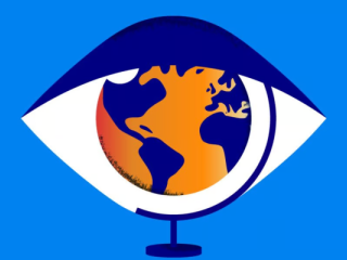 Digital art, a desk globe positioned to appear as the pupil of an eye on a blue background.