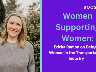 A head shot of Ericka Ramon on the left. Purple background with teal and white text that reads "Women Supporting Women: Ericka Ramon on Being a Woman in the Transportation Industry."