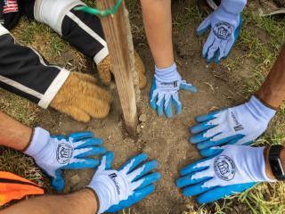 volunteers planting a stake in the ground