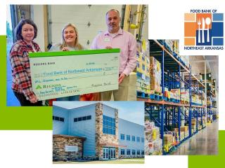 Collage of three people holding a large check, exterior of a building, and shelves in a warehouse. Food Bank of North East Arkansas logo in the corner.