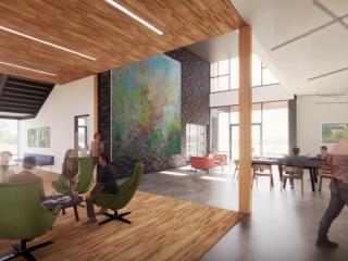 3D rendering of large open office space with seating areas.