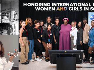 Collage of three photos. One black and white of people in and old laboratory, one of a person in white lab coat holding a molecular model and the last a large group of women on a stage with a floor monitor in front of them, "Honoring international day of women and girls in science" banner above them.