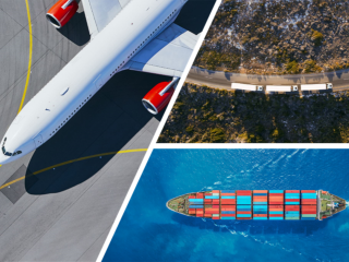 composite image of a plane, trucks, and a shipping container