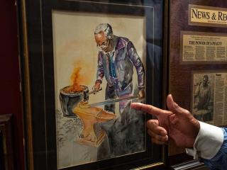 Illustration of Bowden's grandfather working as an iron worker