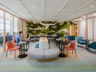 People working in an open space, comfortable chairs and bench seating, a mural of greens on one wall, lots of windows.