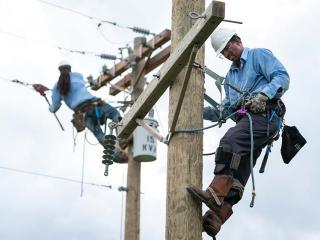 Lineworkers working on powerline