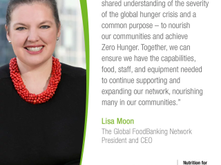 Lisa Moon and quote. The Global FoodBanking and Nutrition for Zero Hunger logos.