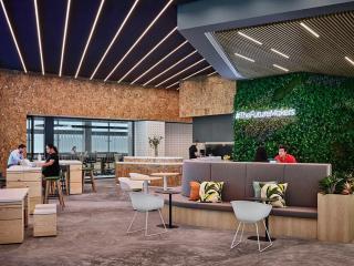 An open space with chairs, benches, carpeted floors, a wall of greenery.