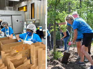 Left: HP employees pack meals for people living with life-challenging illnesses at Food & Friends in Washington, DC. Right: HP employees in the Houston area planting trees at Mercer Botanic Gardens.