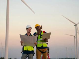 two people standing near windmills