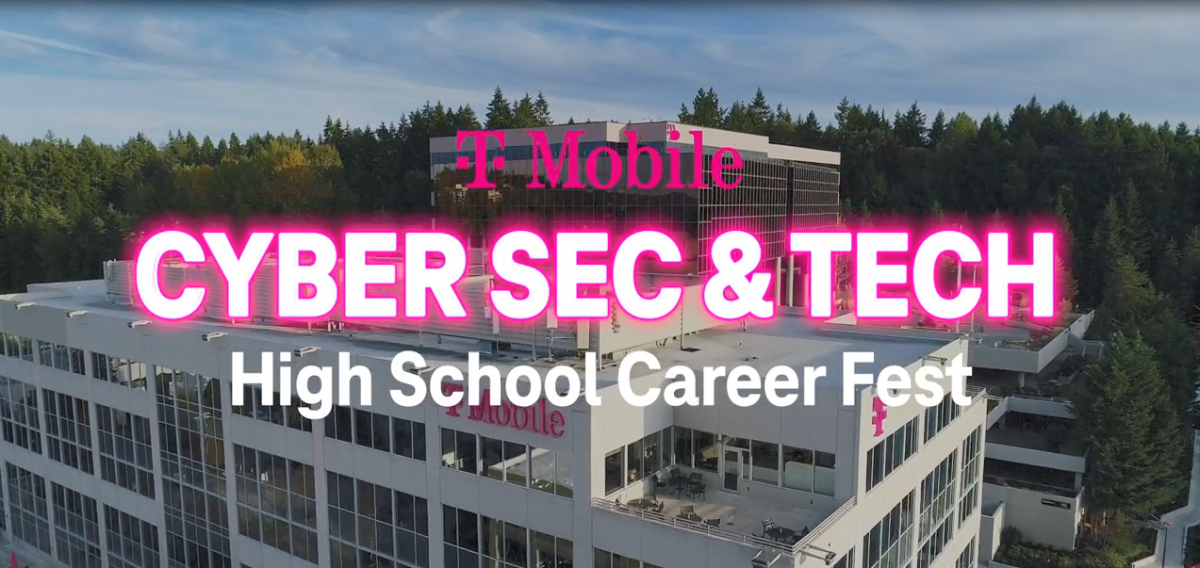 Aerial view of a TMobile corporate building. "TMobile Cyber Sec & Tec High School Career Fest"