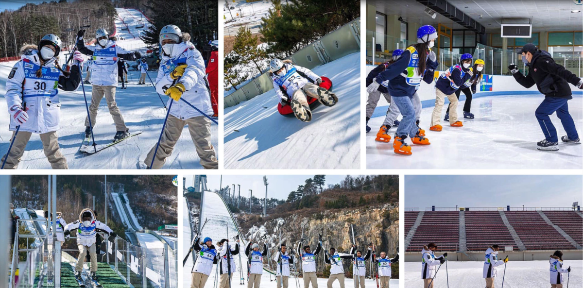 Collage of six photos of children and adults doing different winter sports.