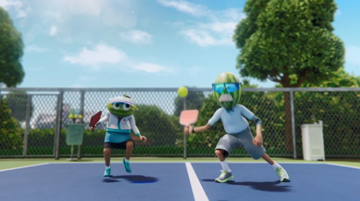 Two animated people playing pickleball. They have green melons for heads.